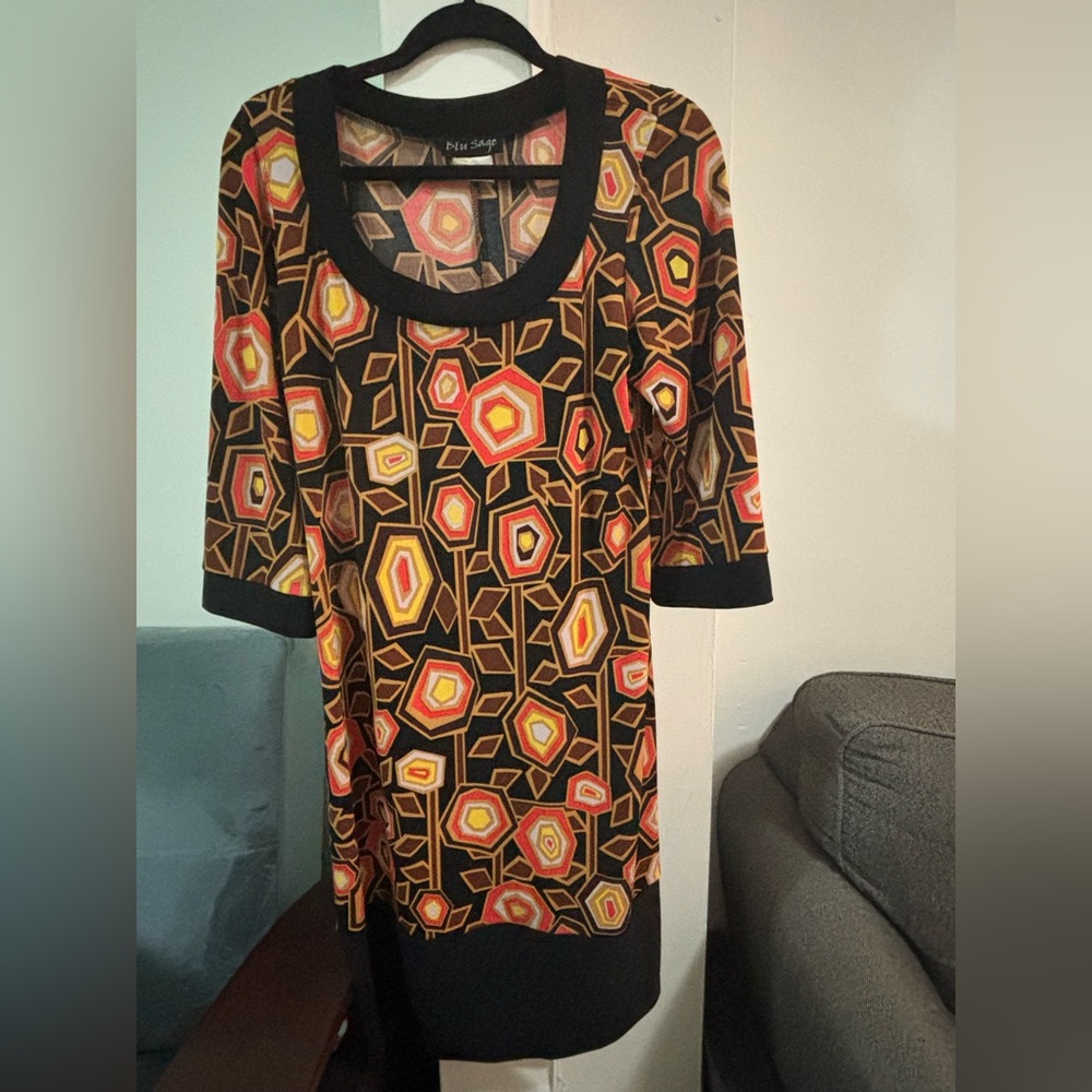 Blu Sage Multicolor Geometric Top with Black Accents